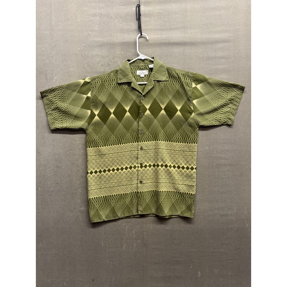 EMVO Shirt Mens L Green Geometric Pattern Short Sleeve Button Up Retro Top